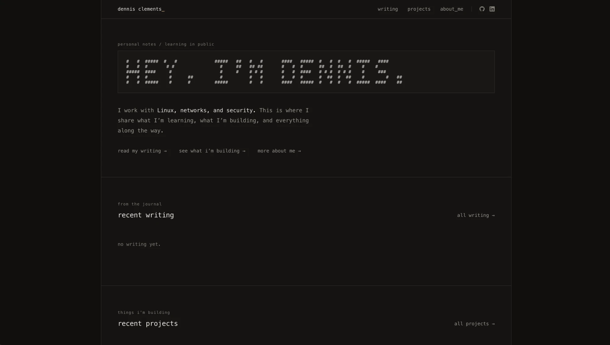 dpclements.com homepage with an ASCII-art header and a minimal, text-only layout